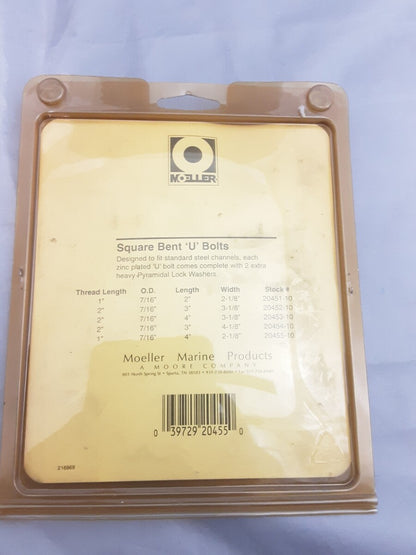 NEW Moeller Marine Trailer 20455-10 Zinc Plated U-Bolt 7/16 x 2 x 4 w/Nuts