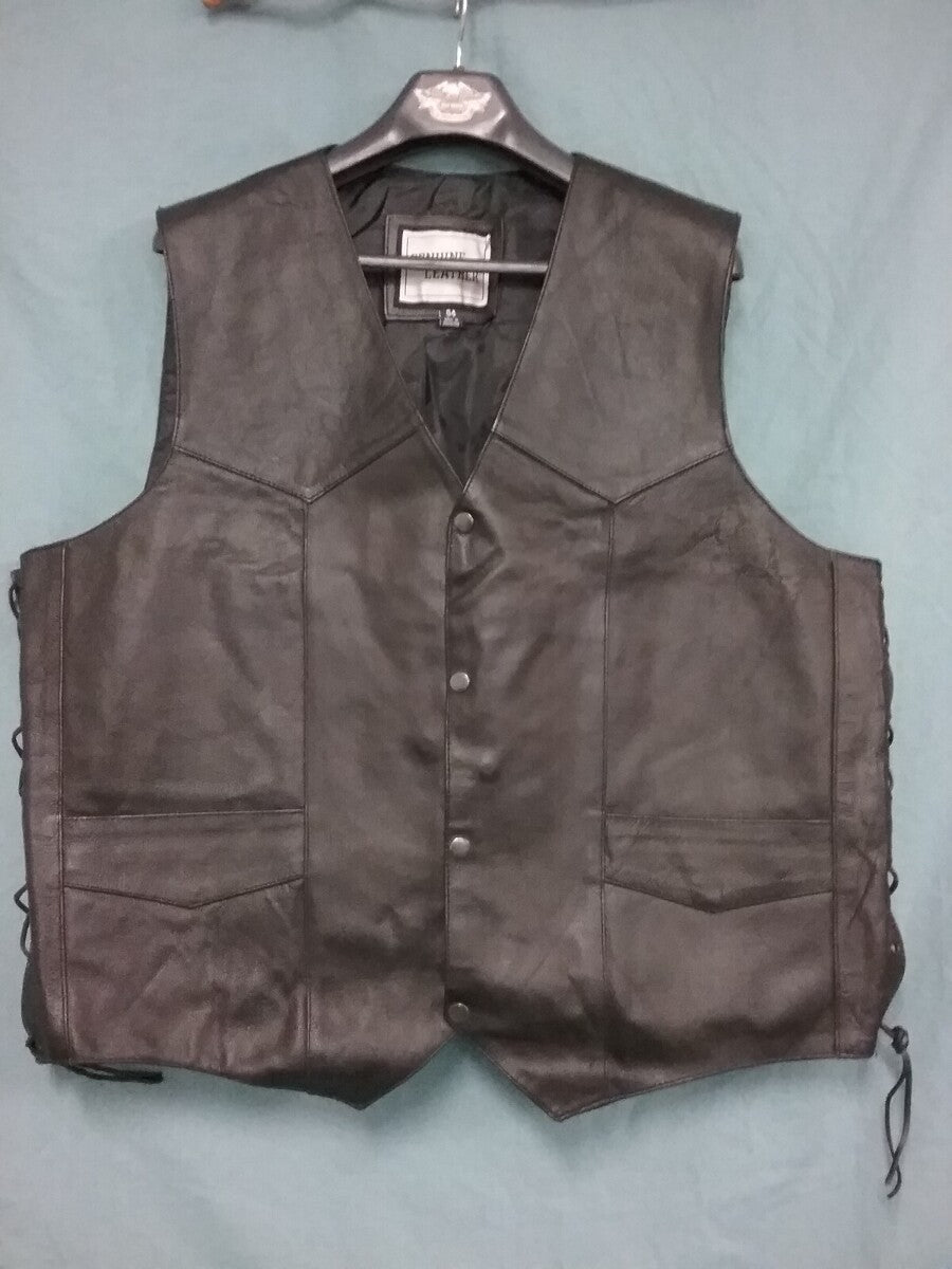 NEW GENUINE LEATHER MENS SZ 54 XXL Black Snap Front Motorcycle Vest