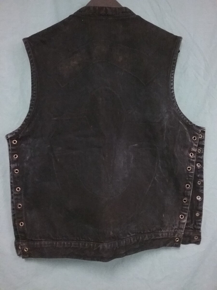 CLUB VEST MENS SZ M DENIM BIKER VEST ZIP & BUTTON FRONT BLACK ACID WASH