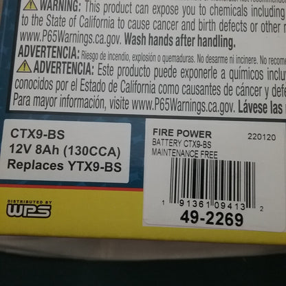 NEW FIREPOWER CTX9-BS  BATTERY MOTORCYCLE HONDA KAWASAKI POLARIS WITH ACID PACK