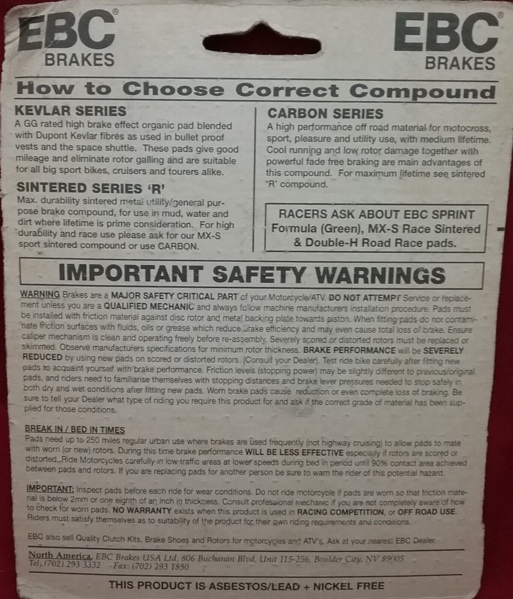 NEW EBC FA150 HIGH PERFORMANCE ORGANIC BRAKE PADS REAR SUZUKI