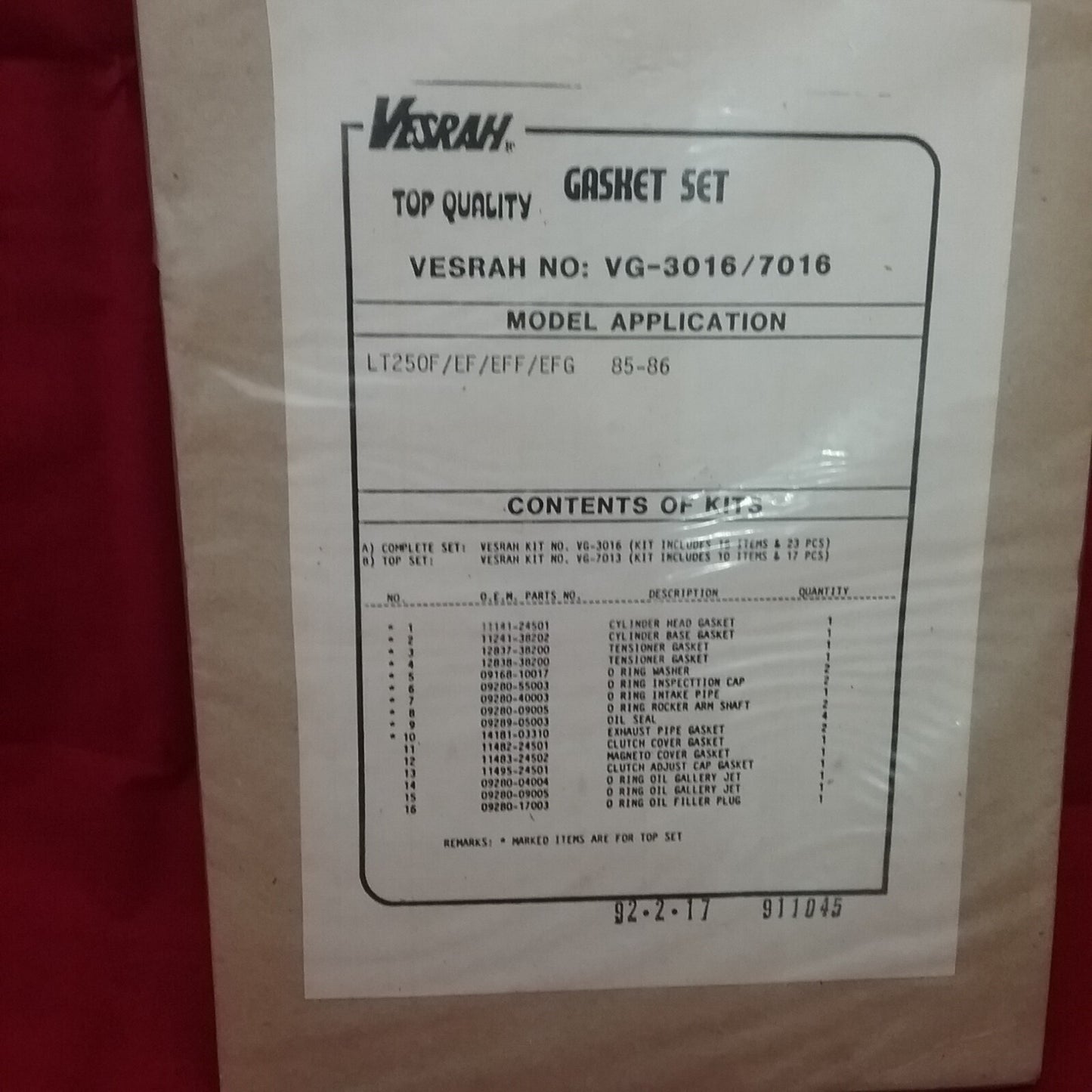 NEW VESRAH VG-7016M GASKET SET SUZUKI GTE438 LT250