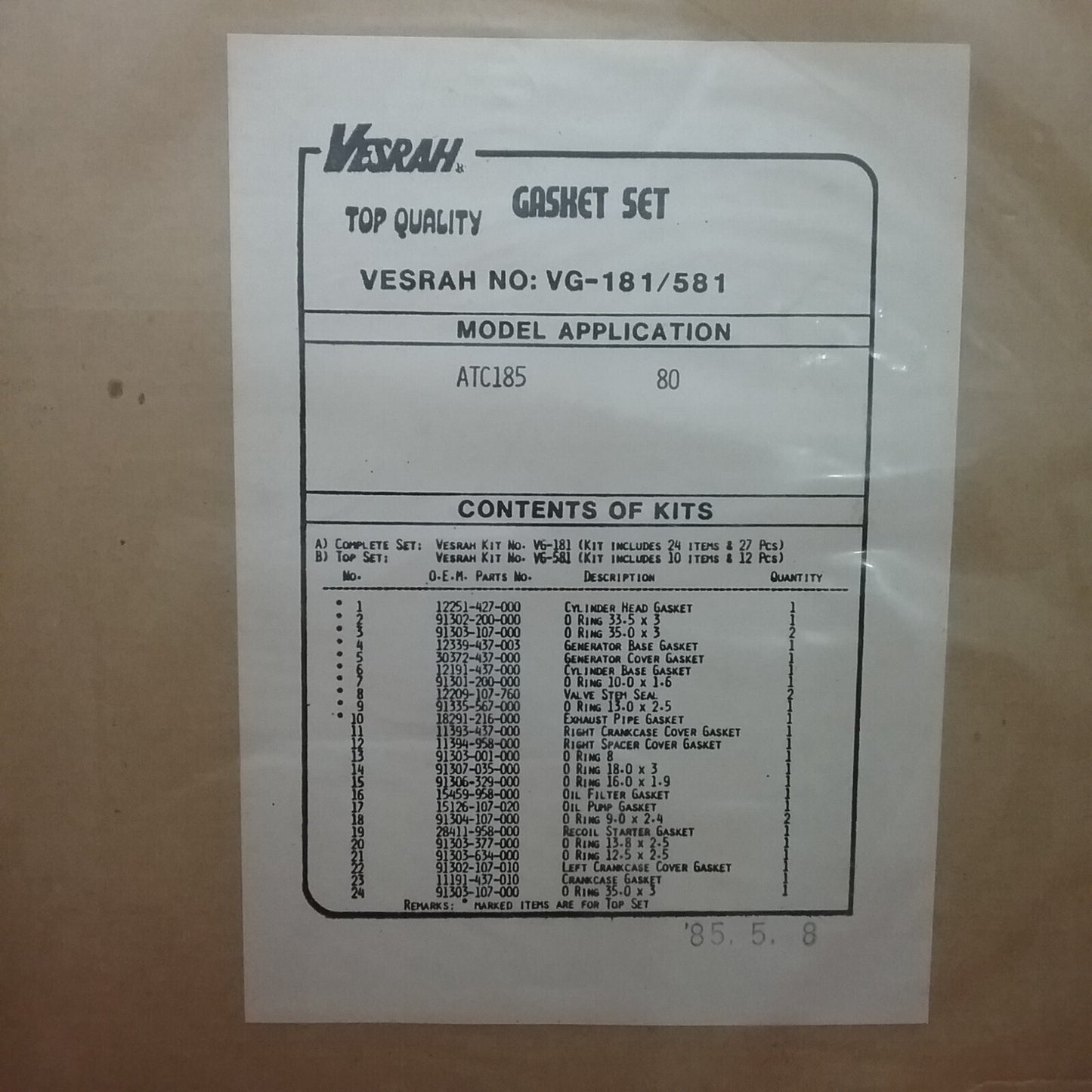 NEW VESRAH VG-181 GASKET COMPLETE SET HONDA ATC185