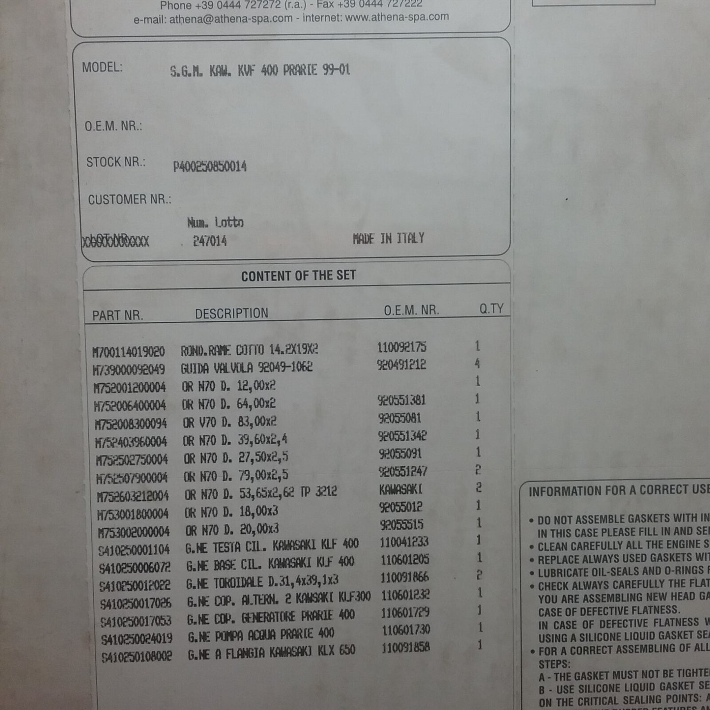 NEW ATHENA P400250850014 GASKET KIT KAWASAKI PRAIRIE KVF400 99-01