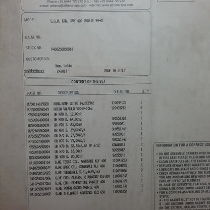 NEW ATHENA P400250850014 GASKET KIT KAWASAKI PRAIRIE KVF400 99-01