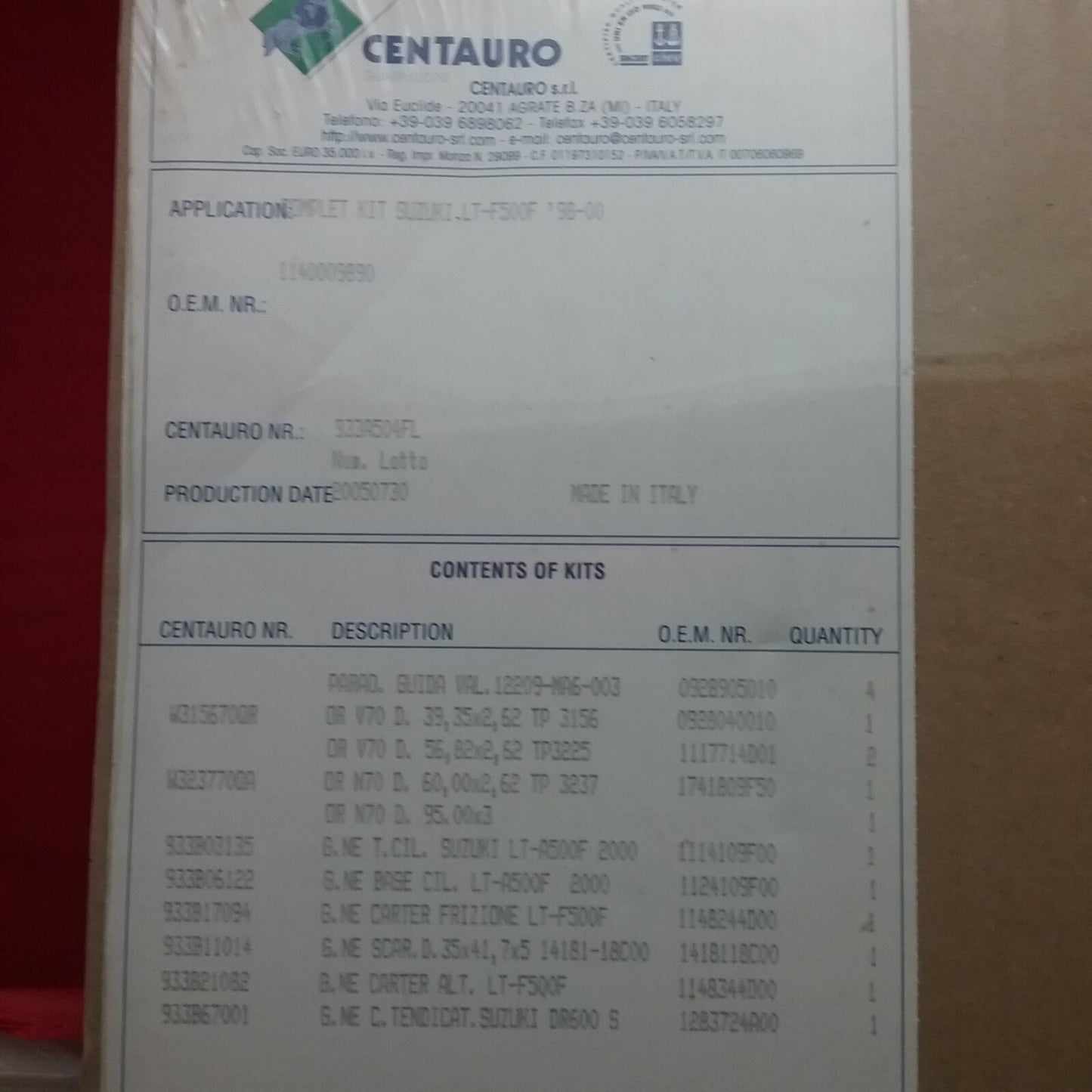 NEW CENTAURO 933A504FL GASKET KIT SUZUKI LTF500 1998-2000