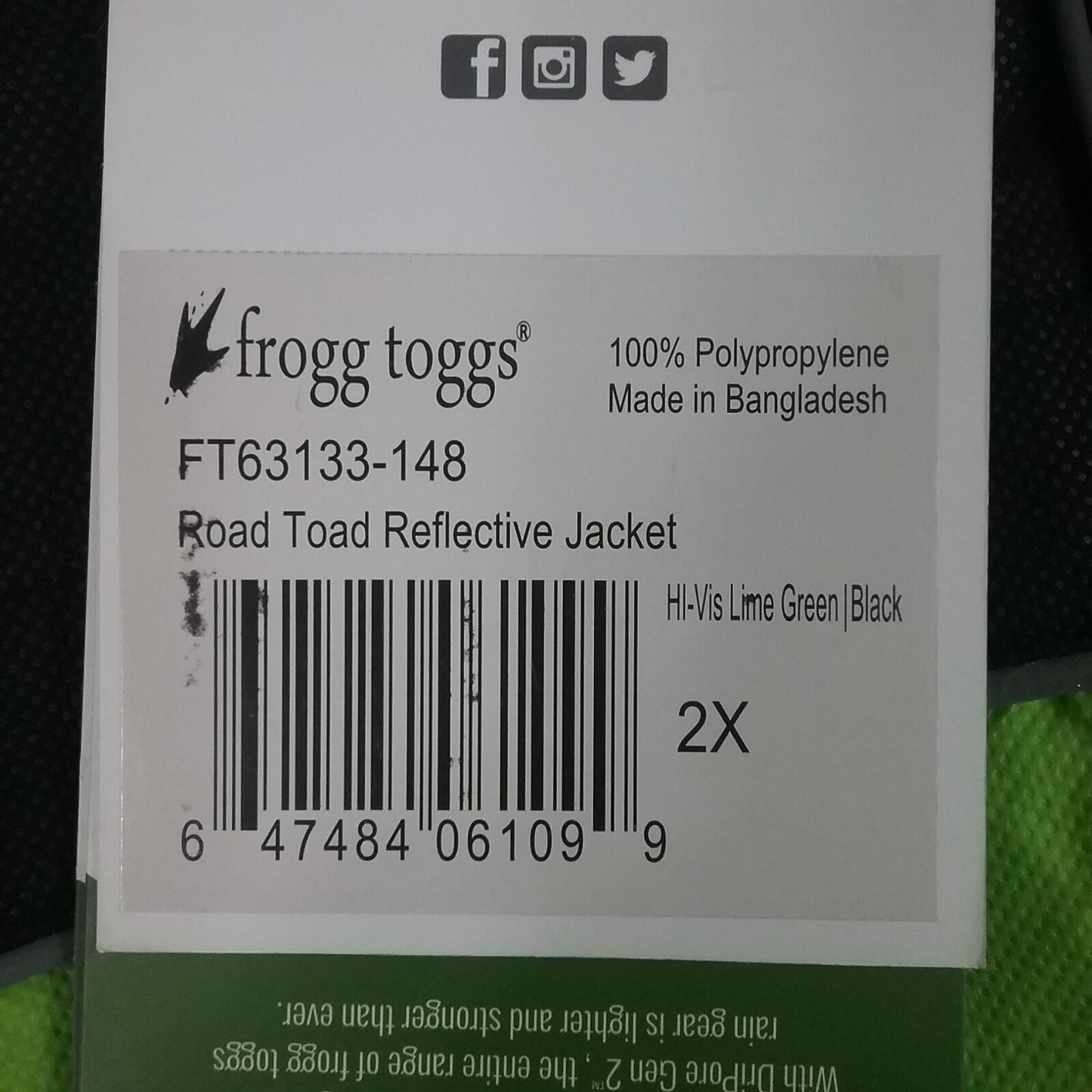 NEW FROGG TOGGS FT 63133-148 JACKET HI-VIS GREEN/BLACK 2XL