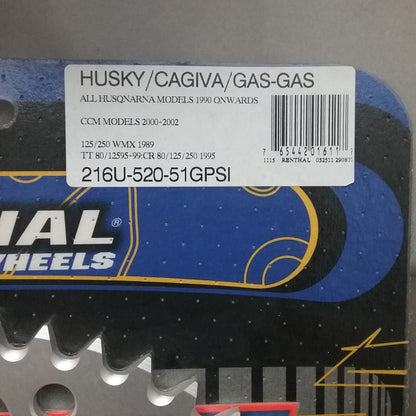 NEW RENTHAL 216U-520-51GPSI SPROCKET REAR 51 TEETH KUSQVRNA CAGIVA GASGAS