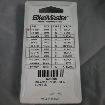NEW BIKEMASTER 60-0398 T2 BLACK MIRROR ADPT BAREND 8MM