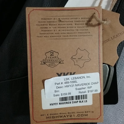 NEW HIGHWAY 21 489-1090L MAVERIC CHAP SIZE LARGE BLACK LEATHER