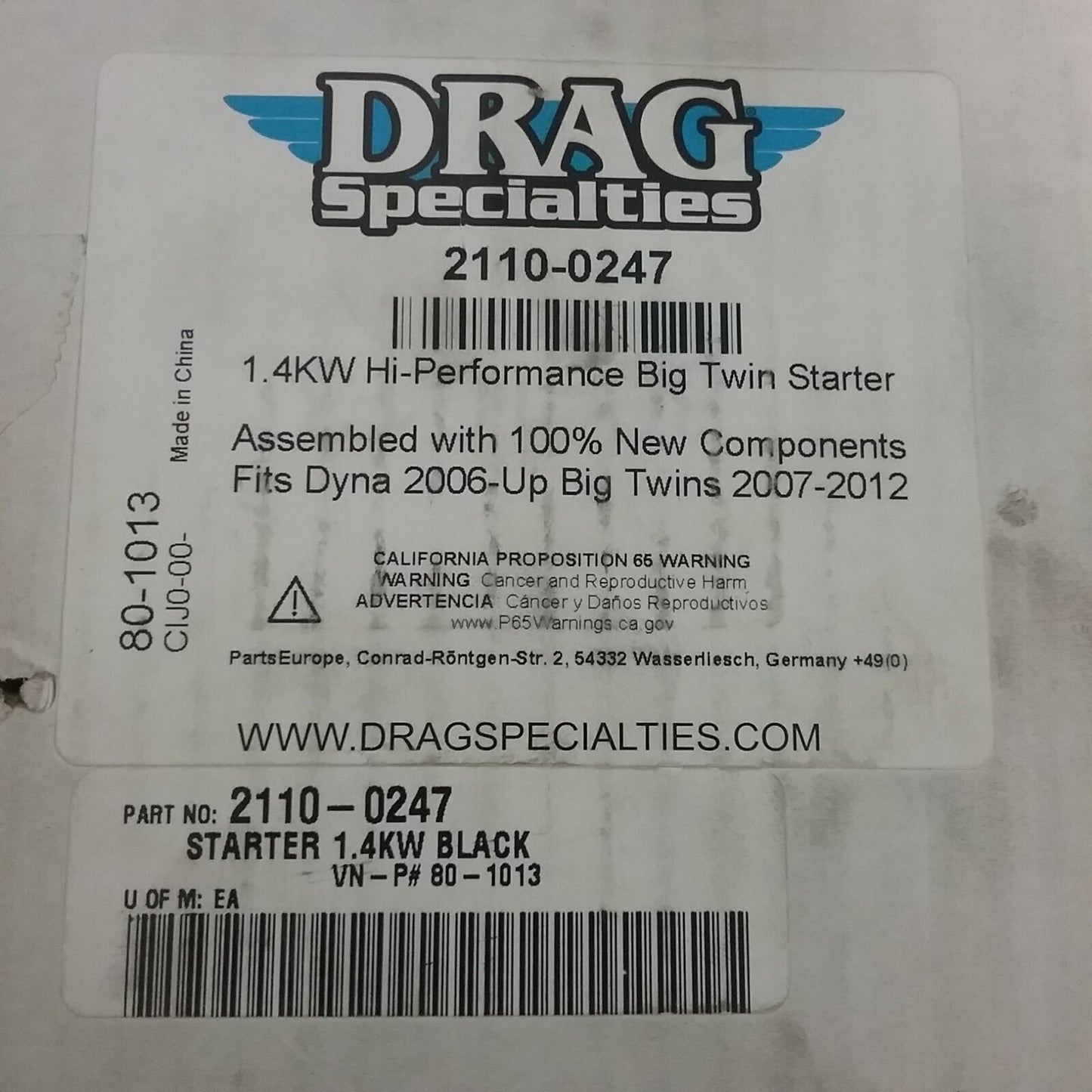 NEW DRAG SPECIALITIES 2110-0247 1.4KW HI-PERFORMANCE BIG TWIN STARTER