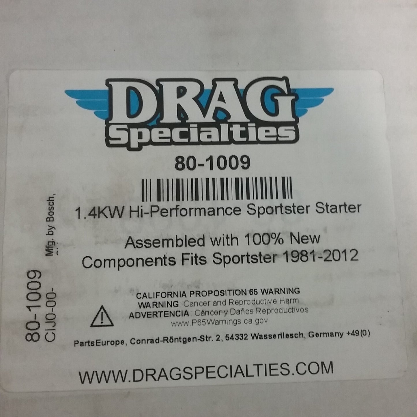 NEW DRAG SPECIALITIES 80-1009 1.4KW HI-PERFORMANCE SPORTSTER STARTER