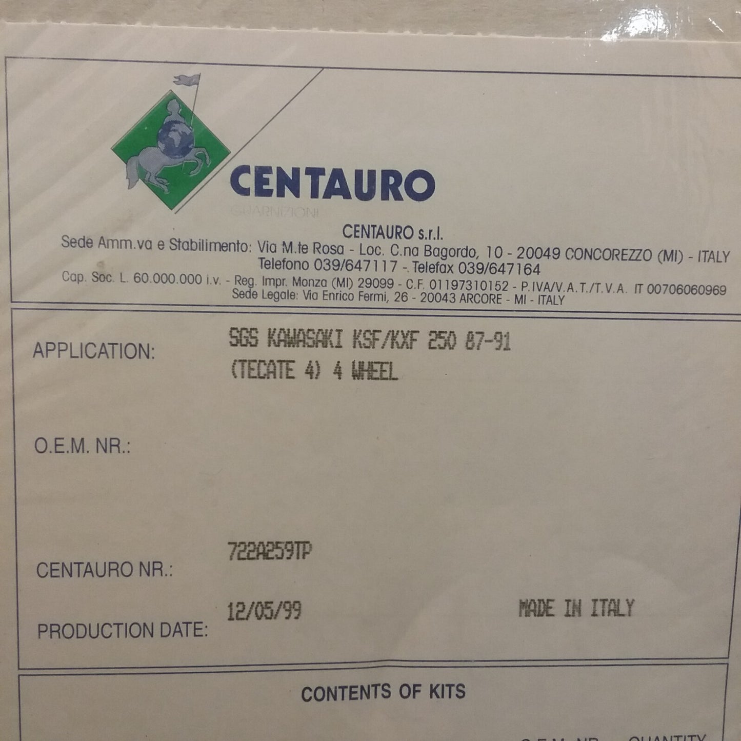 NEW CENTAURO 722A259TP / 412138 TOP-END GASKET KAWSAKI TECATE KXF/KSF250 87-91