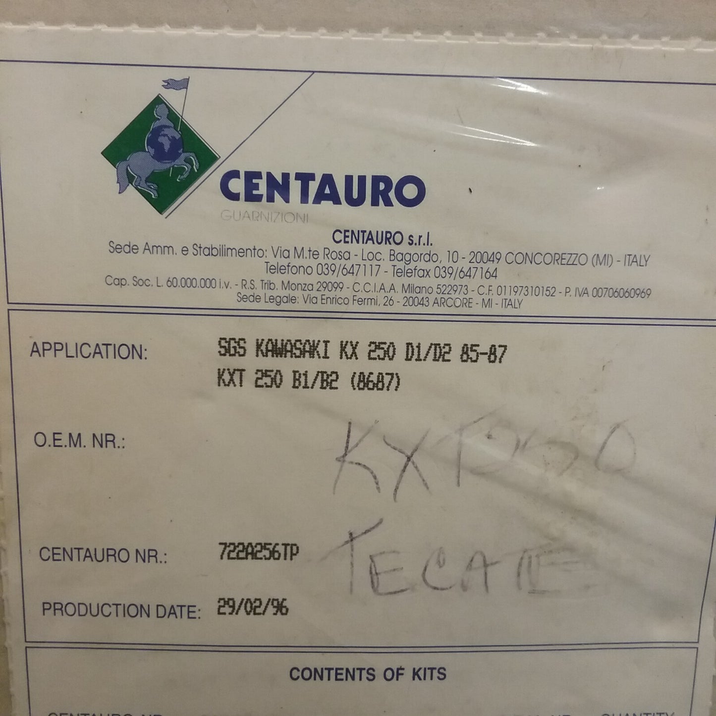 NEW CENTAURO 722A256TP TOP-END GASKET ST KAW KX/KXT250 TECATE 85-87