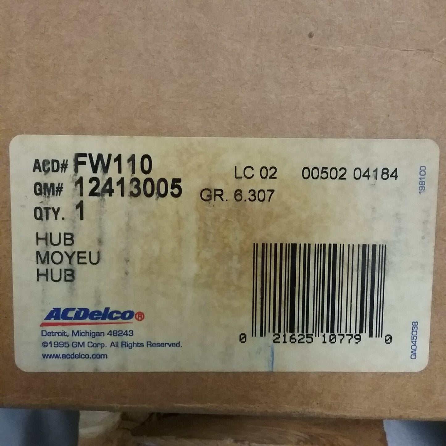 NEW ACDELCO FW110 Front Wheel Hub and Bearing Assembly GM 12413005, 88964096