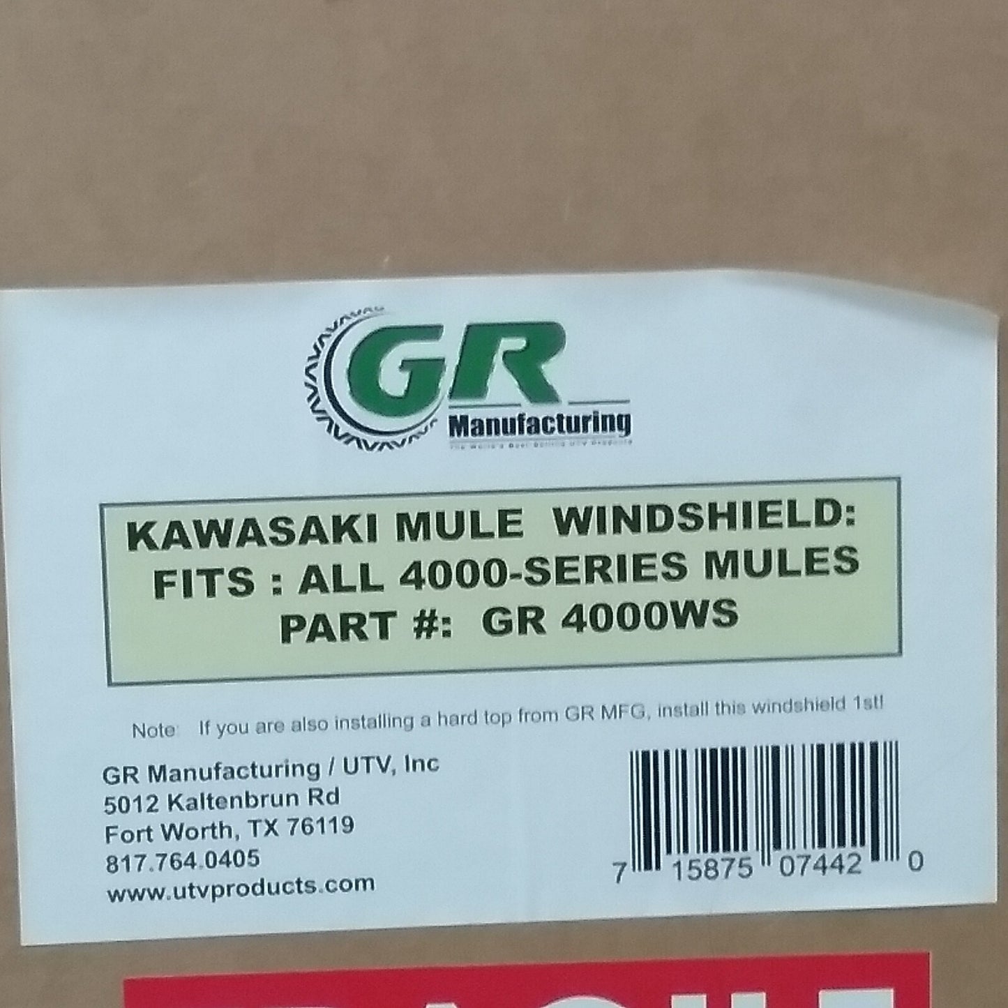 NEW GR MANUFACTURING GR4000WS WINDSHIELD KAWASAKI MULE 4000-SERIES