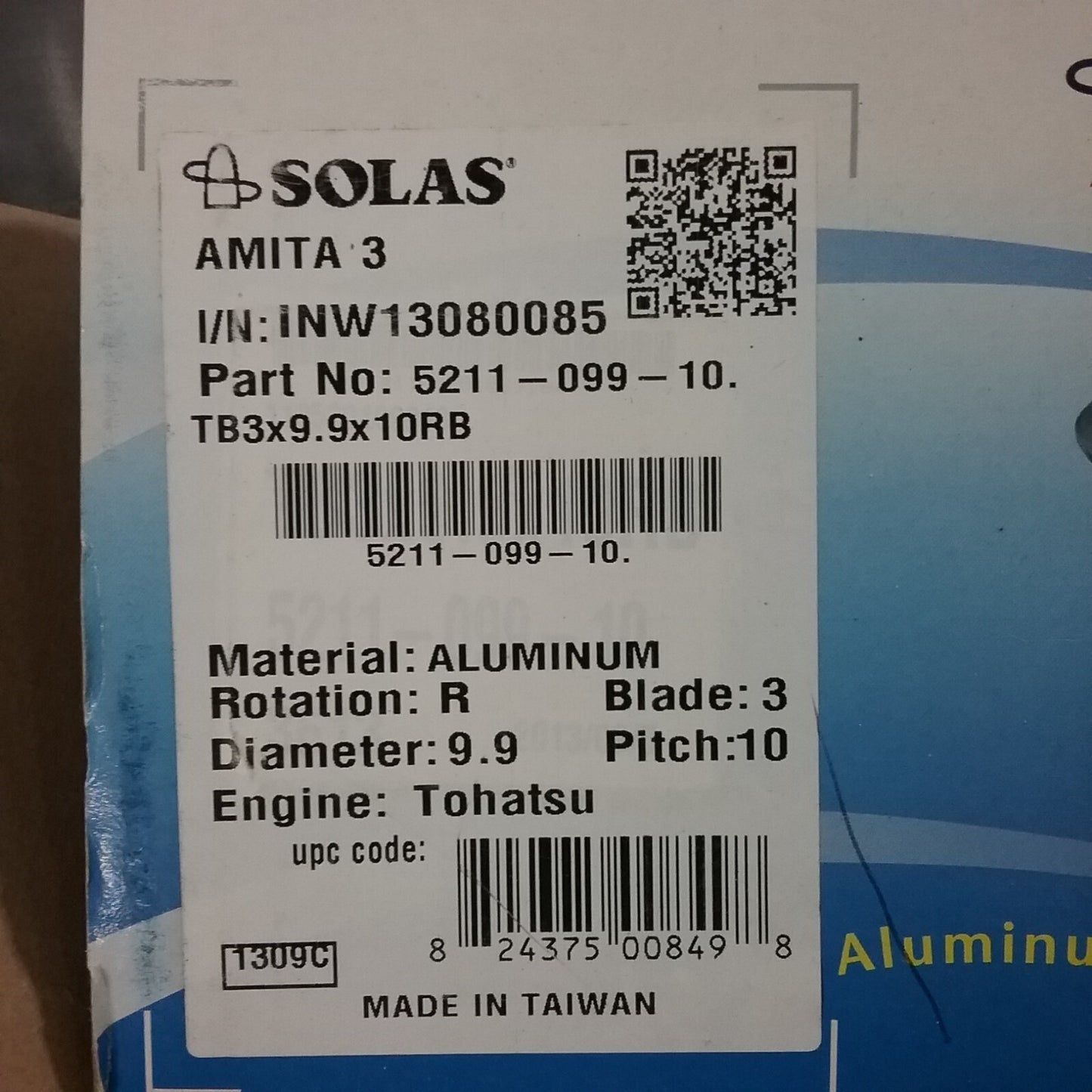 NEW SOLAS 5211-099-10 ALUMINUM HIGH PERFORMANCE PROPELLER 9.9" X 10"