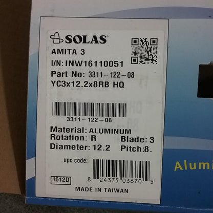 NEW SOLAS 3311-122-08 ALUMINUM HIGH PERFORMANCE PROPELLER 12.2" X 8"