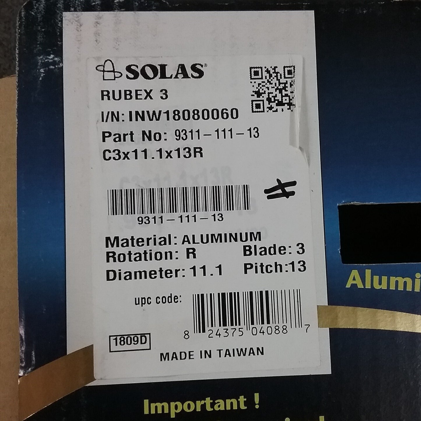 NEW SOLAS 9311-111-13 RUBEX ALUMINUM HUB PROPELLER, HUB KIT NOT INCLUDED