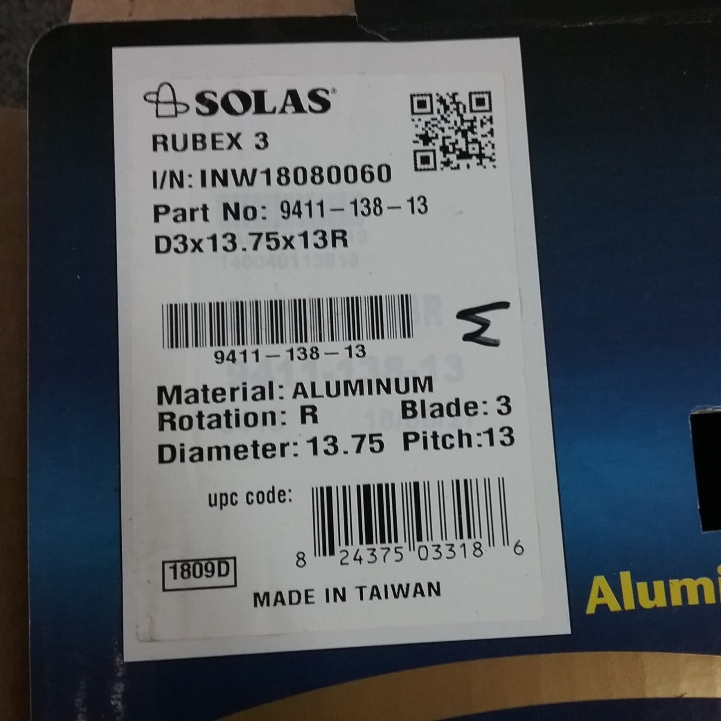 NEW SOLAS 9411-138-13 RUBEX ALUMINUM HUB PROPELLER, HUB KIT NOT INCLUDED