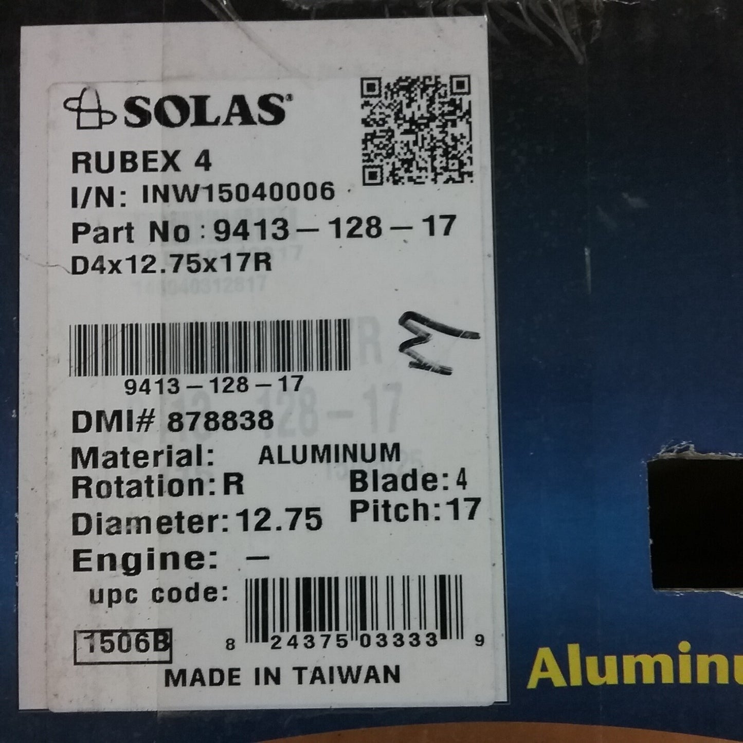 NEW SOLAS 9413-128-17 RUBEX ALUMINUM HUB PROPELLER, HUB KIT NOT INCLUDED