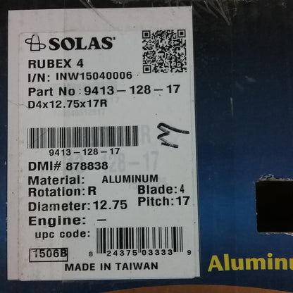 NEW SOLAS 9413-128-17 RUBEX ALUMINUM HUB PROPELLER, HUB KIT NOT INCLUDED