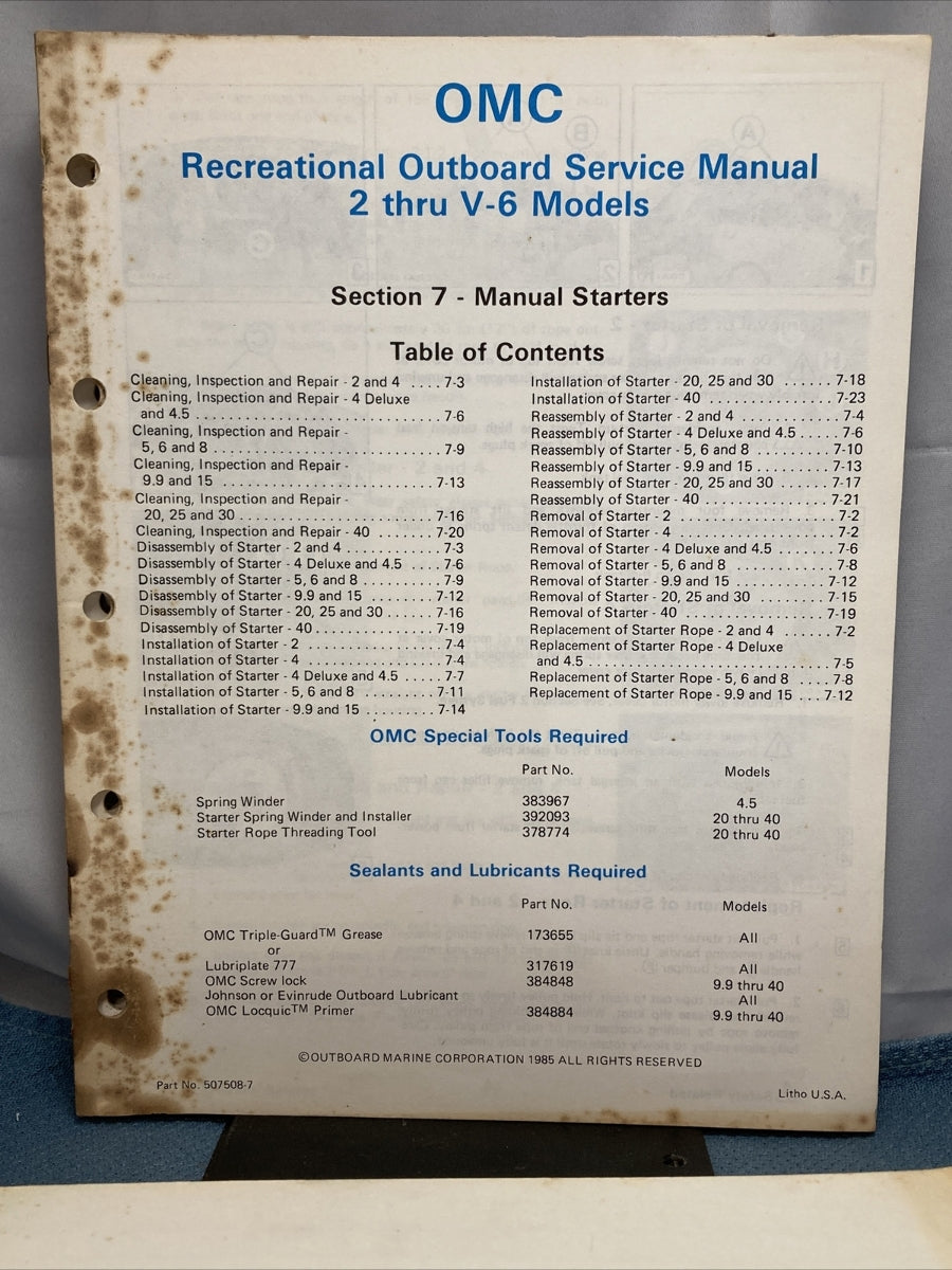 OMC 507508-S RECREATIONAL OUTBOARD SERVICE MANUAL INCOMPELTE MISSING SECTION 9