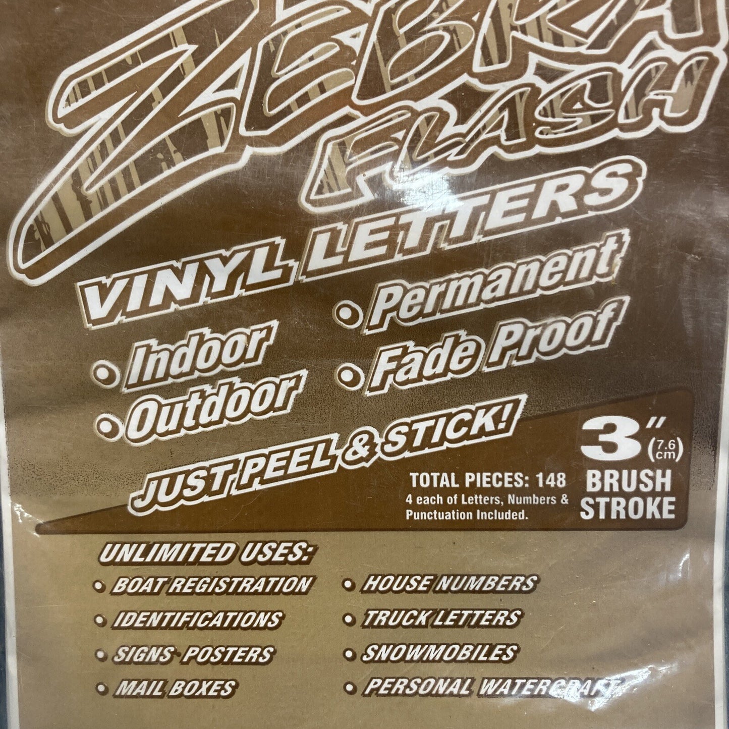 NEW TMC ZBF-01 ZEBRA FLASH VINYL LETTERS GOLD 3" BRUSH STROKE, 148 PIECES