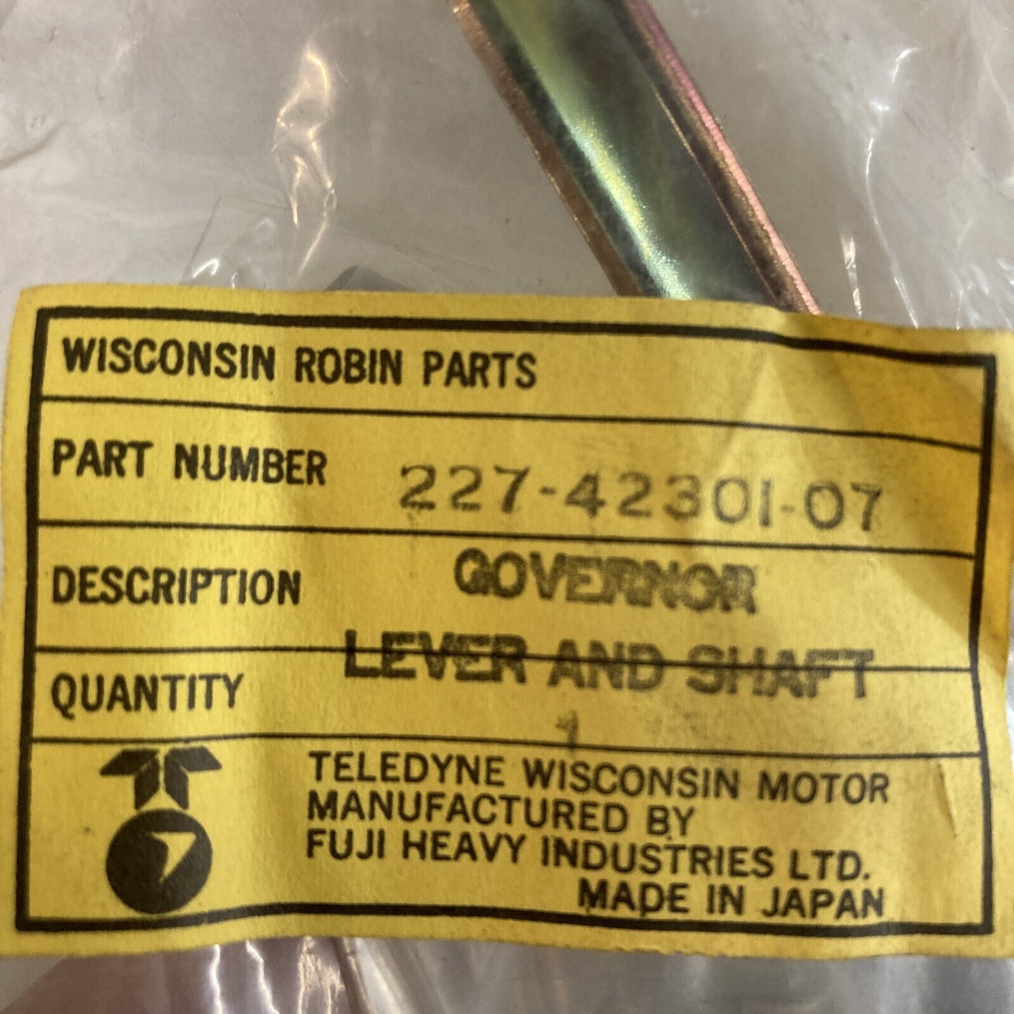 NEW WISCONSIN TELEDYNE ROBIN SUBARU 227-42301-07 GOVERNOR LEVER SHAFT