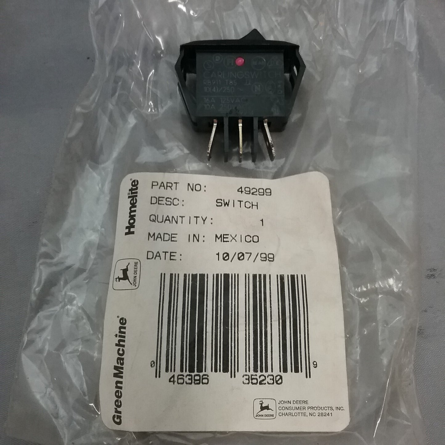 NEW GENUINE JOHN DEERE/GREEN MACHINE/HOMELITE 49299 SWITCH