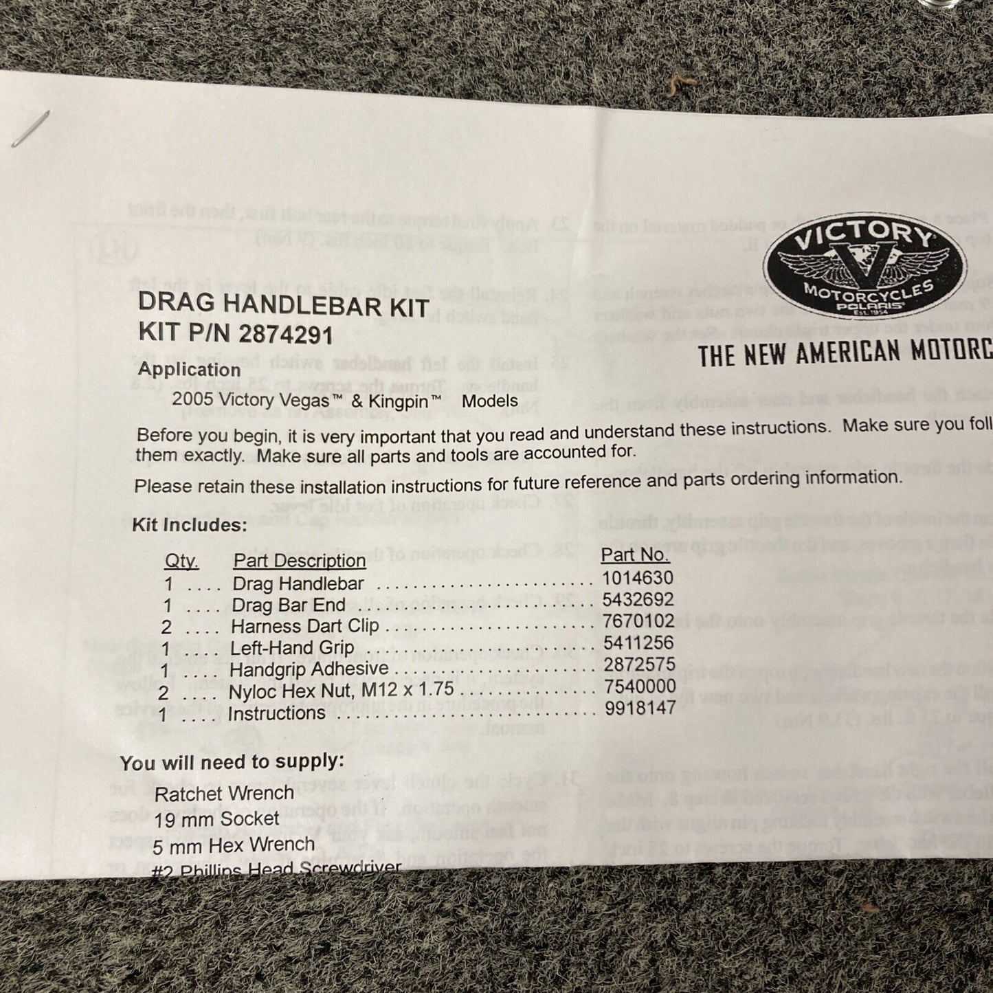 NEW GENUINE VICTORY 2874291 HANDLEBAR KIT , DRAG VEGAS, KINGPIN 2005 AND LATER