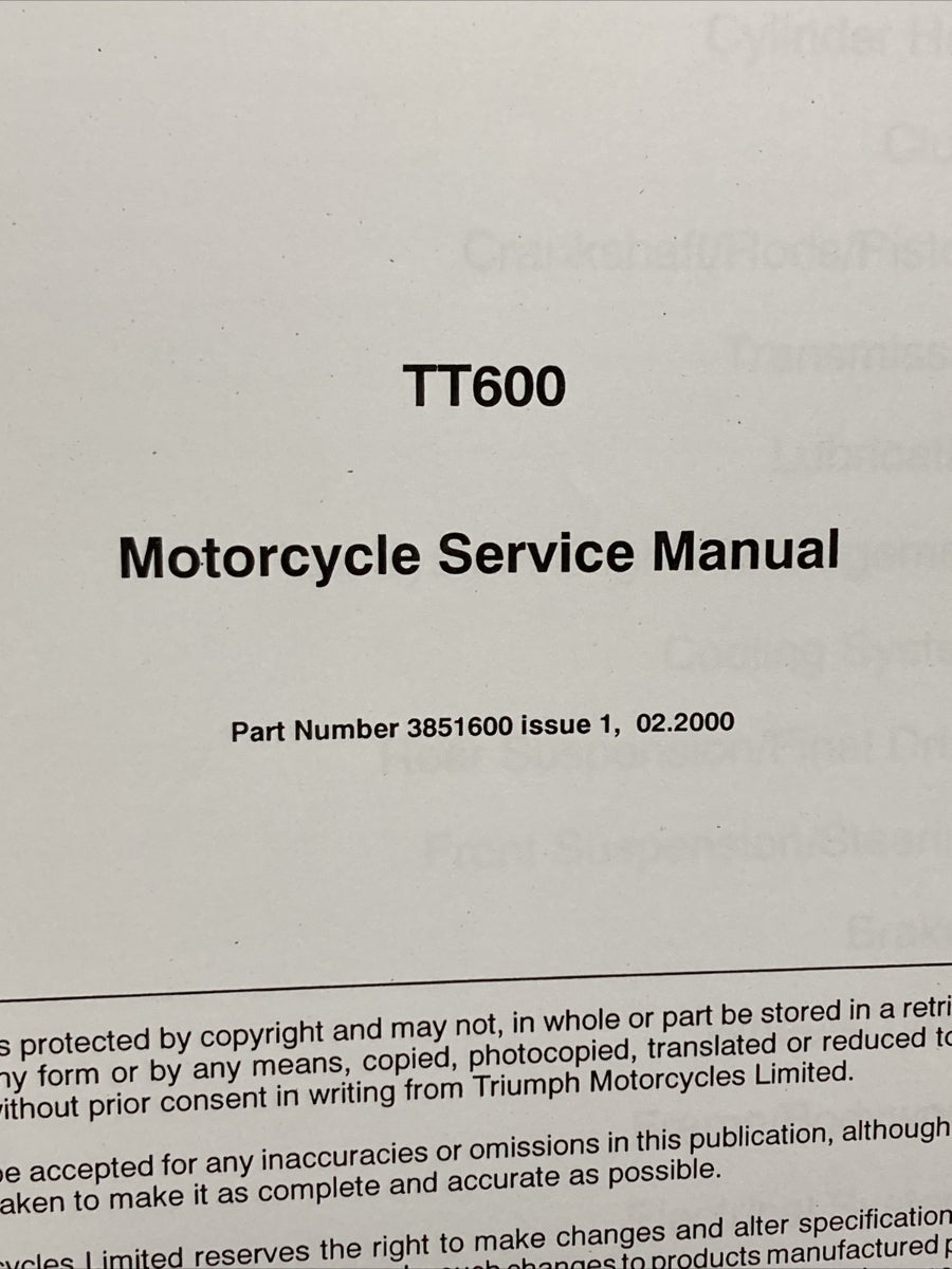 NEW VICTORY 3851600 TRIUMPH TT600 SERVICE MANUAL ISSUE 1, 02.2000