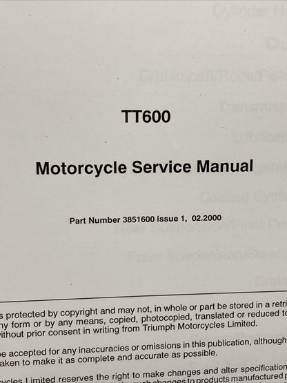 NEW VICTORY 3851600 TRIUMPH TT600 SERVICE MANUAL ISSUE 1, 02.2000
