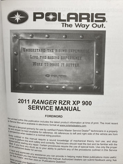NEW POLARIS 9923144 RANGER RZR XP 900 SERVICE MANUAL 2011