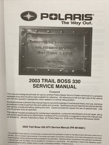 NEW POLARIS 9918061 TRAIL BOSS SERVICE MANUAL 2003
