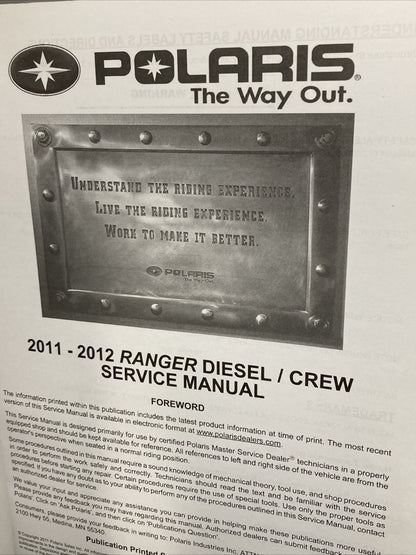 NEW POLARIS 9923516 RANGER DIESEL/CREW SERVICE MANUAL 2011-2012