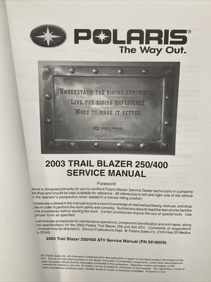 NEW POLARIS 9918059 TRAIL BLAZER 250/400 SERVICE MANUAL 2003