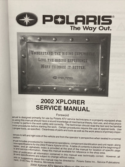 NEW POLARIS 9917203 XPLORER 4x4/400 SERVICE MANUAL 2002