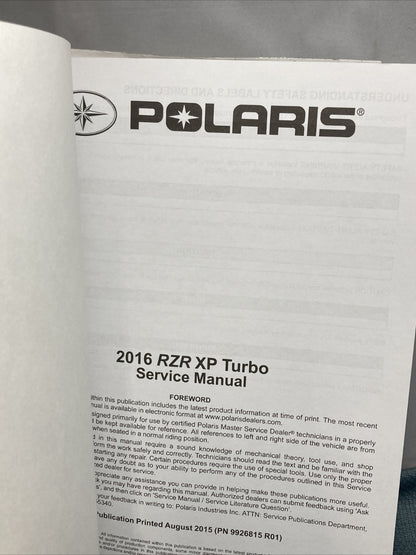 NEW POLARIS 9926815 RZR XP TURBO SERVICE MANUAL 2016