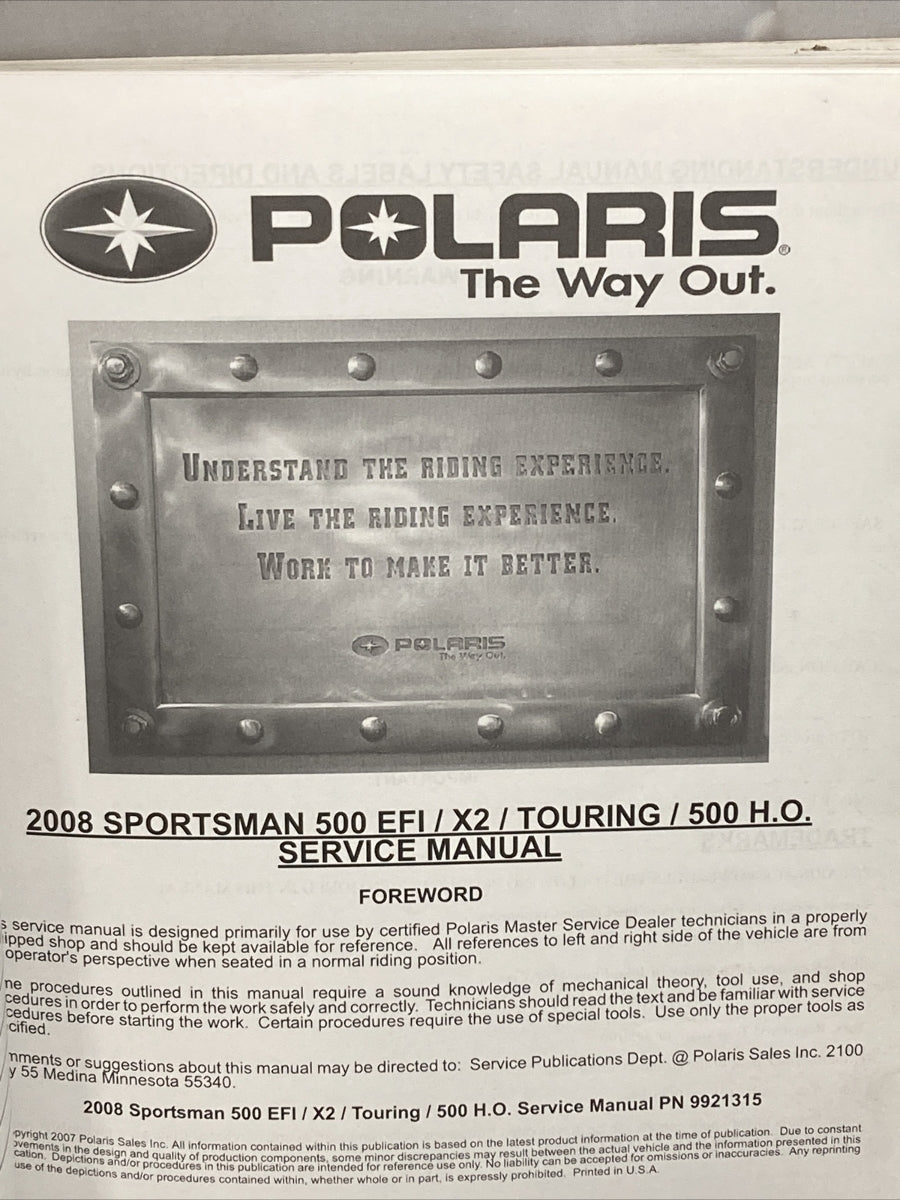 NEW POLARIS 9921315 SPORTSMAN 500 EFI/X2/TOURING 500 SERVICE MANUAL 2008