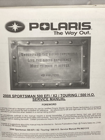 NEW POLARIS 9921315 SPORTSMAN 500 EFI/X2/TOURING 500 SERVICE MANUAL 2008