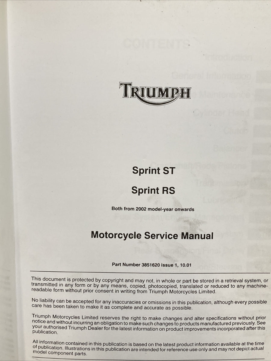 NEW TRIUMPH 3851620 SPRINT ST/RS SERVICE MANUAL 2002