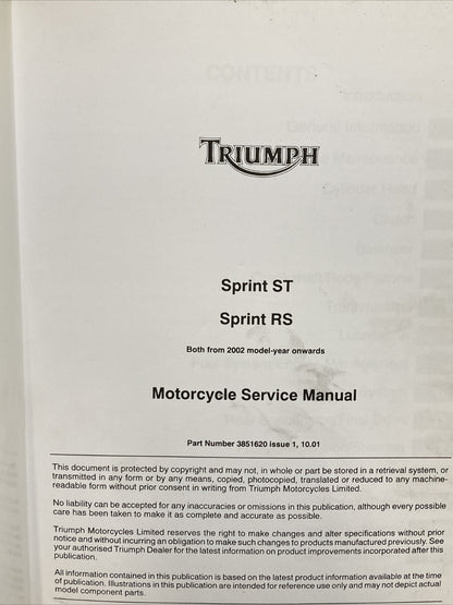 NEW TRIUMPH 3851620 SPRINT ST/RS SERVICE MANUAL 2002