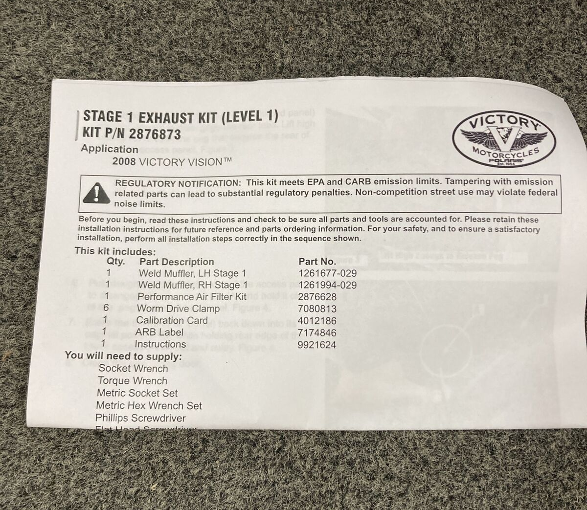 NEW GENUINE VICTORY 2876873 EXHAUST KIT, STAGE 1, VISION L1 2008