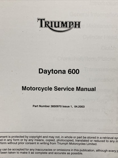 NEW TRIUMPH 3850970 DAYTONA 600 SERVICE MANUAL ISSUE 1, 04.2003