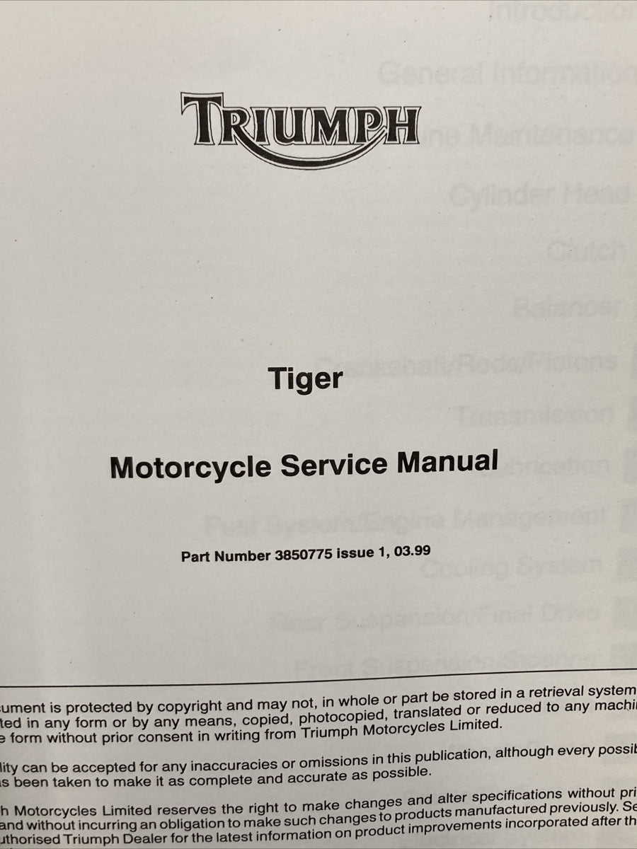 NEW TRIUMPH 3850775 TIGER SERVICE MANUAL ISSUE 1, 03.99