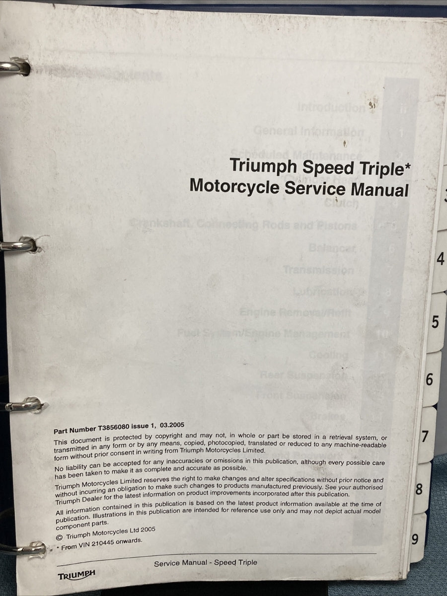 NEW TRIUMPH T3856080 SPEED TRIPLE 1050cc SERVICE MANUAL ISSUE 1, 03.2005