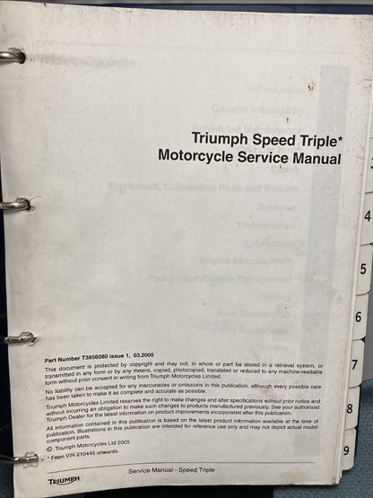 NEW TRIUMPH T3856080 SPEED TRIPLE 1050cc SERVICE MANUAL ISSUE 1, 03.2005