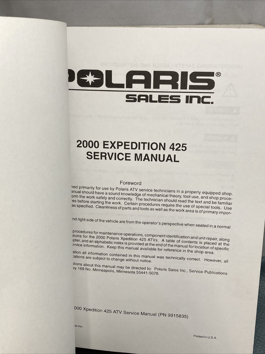 NEW GENUINE POLARIS 9915835 XPEDITION 425 SERVICE MANUAL 2000