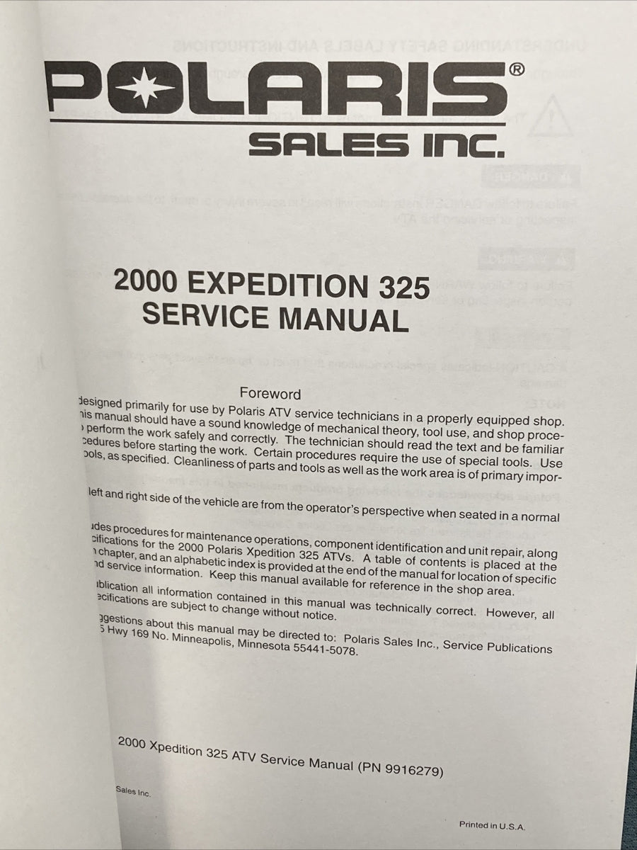 NEW GENUINE POLARIS 9916279 XPEDITION 325 SERVICE MANUAL 2000